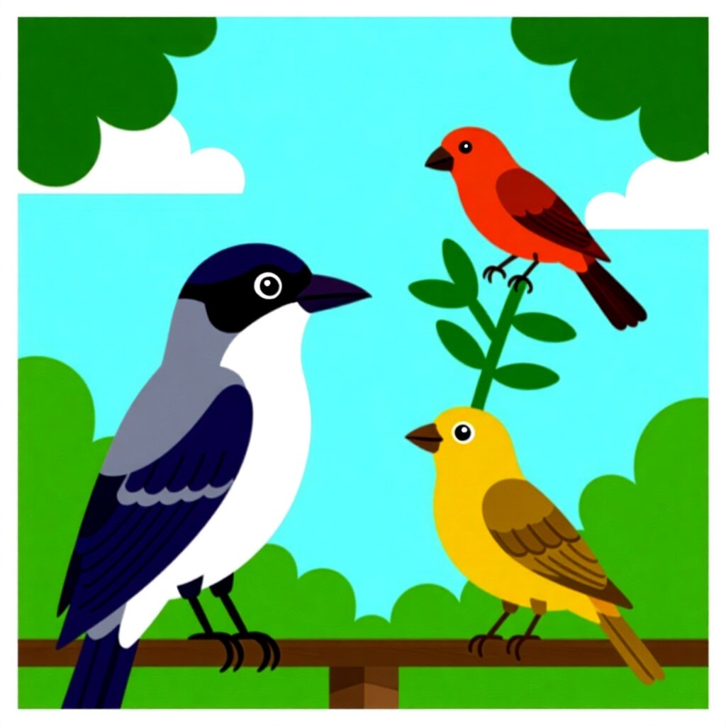 AI generated image: picture about bird care. picture style: comic quick metaphor understanding social hierarchies, high