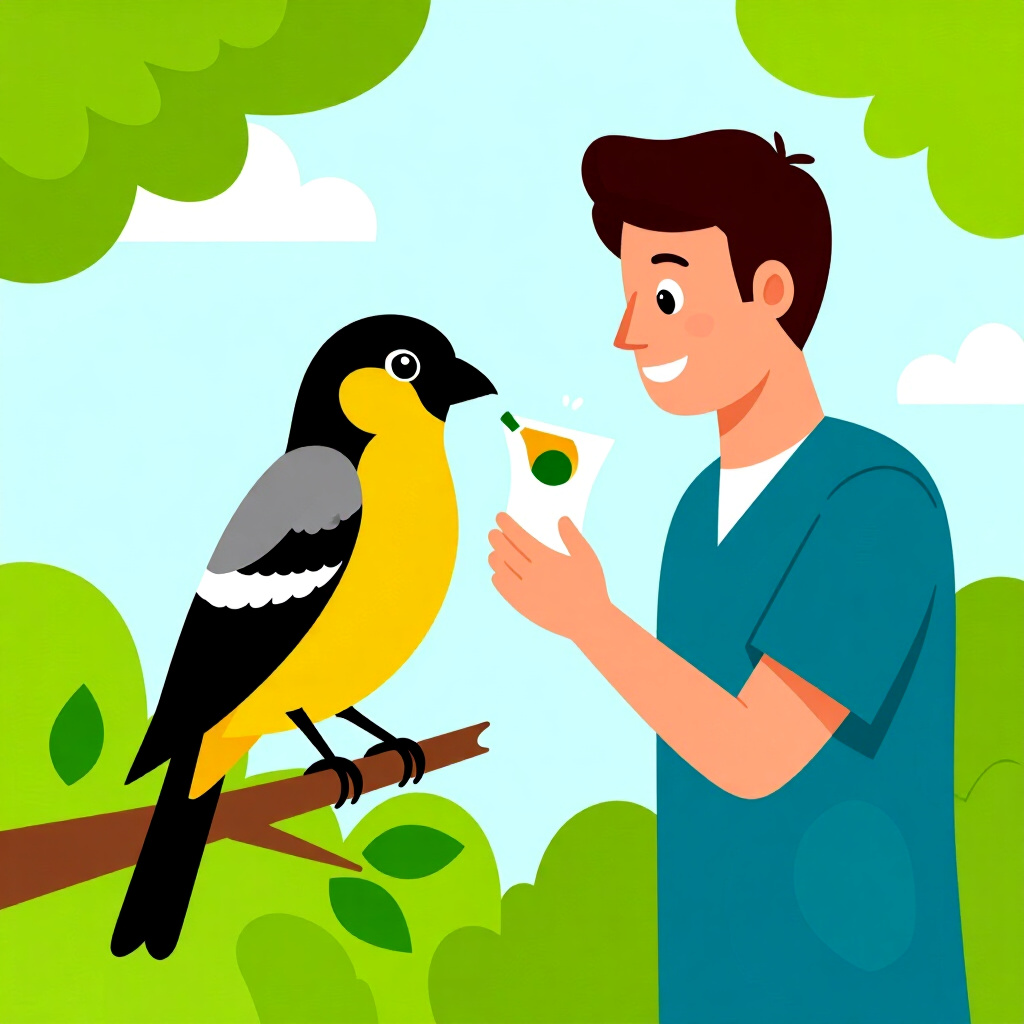 AI generated image: picture about bird care. picture style: comic safely administer avian s m, high quality, detailed