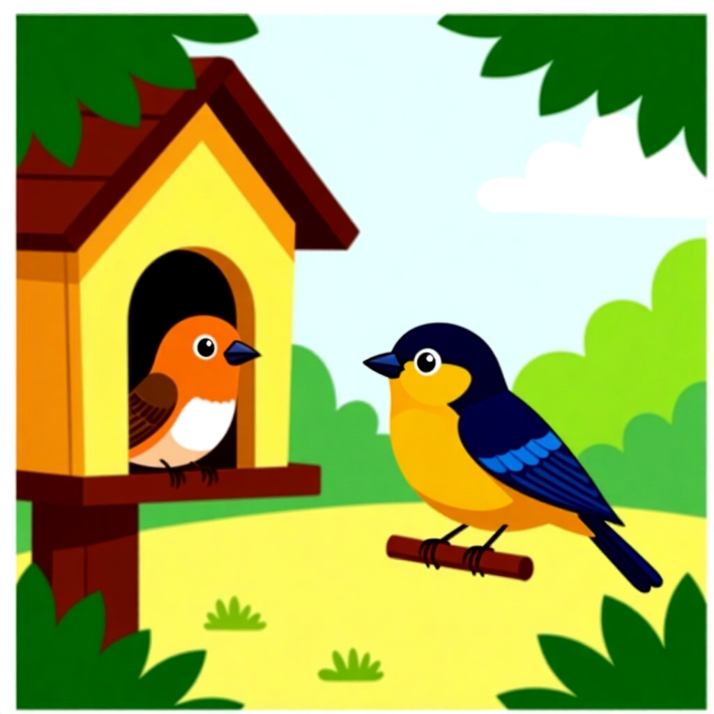 AI generated image: picture about bird care. picture style: comic choosing safe sensoryrich territory respect setting, h