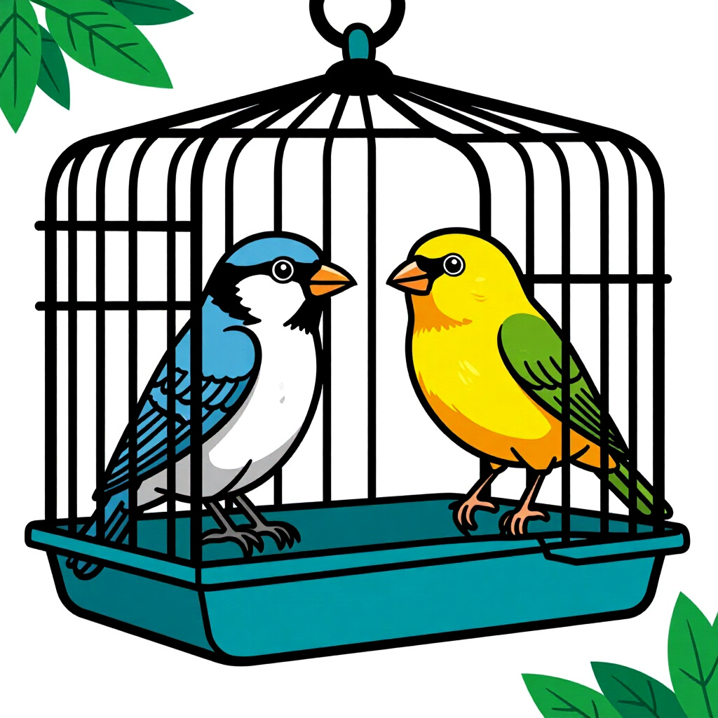 AI generated画像:鳥のお世話に関する画像。画像スタイル:コミック、ケージのロックアップグレード、高品質、詳細