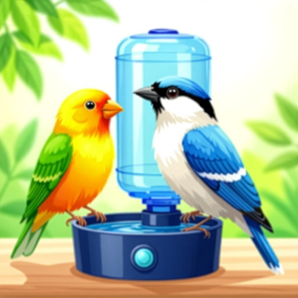 AI generated bird: picture about bird care. picture style: comic bird pets top water dispenser s m, high quality, detai