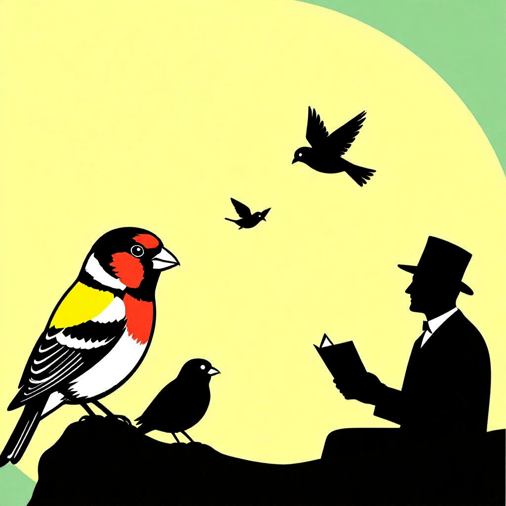 AI generated finch: picture about bird care. picture style: comic number distribution finch designing perfect society, h
