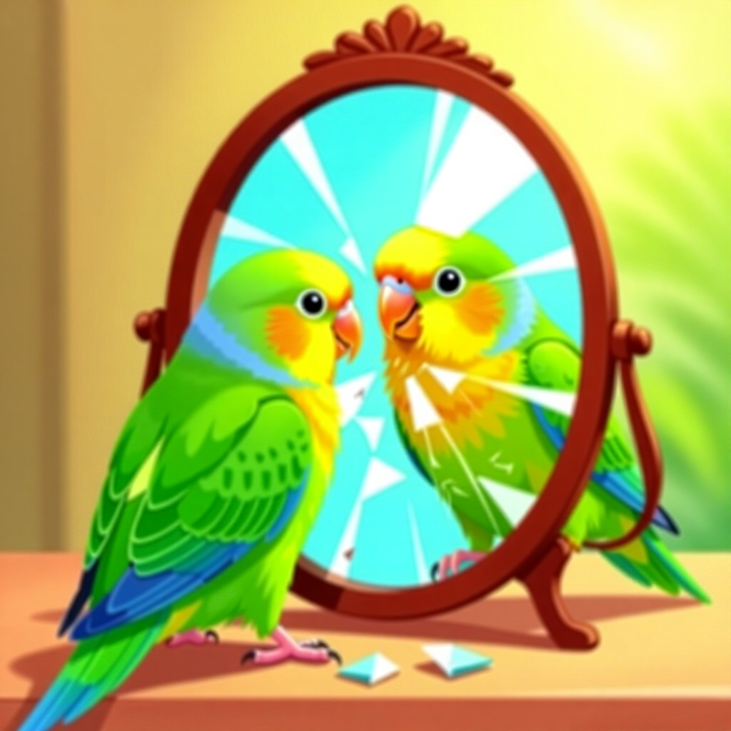 AI generated parrot: picture about bird care. picture style: comic parrotlet fixates its breaking mirror obsession, high