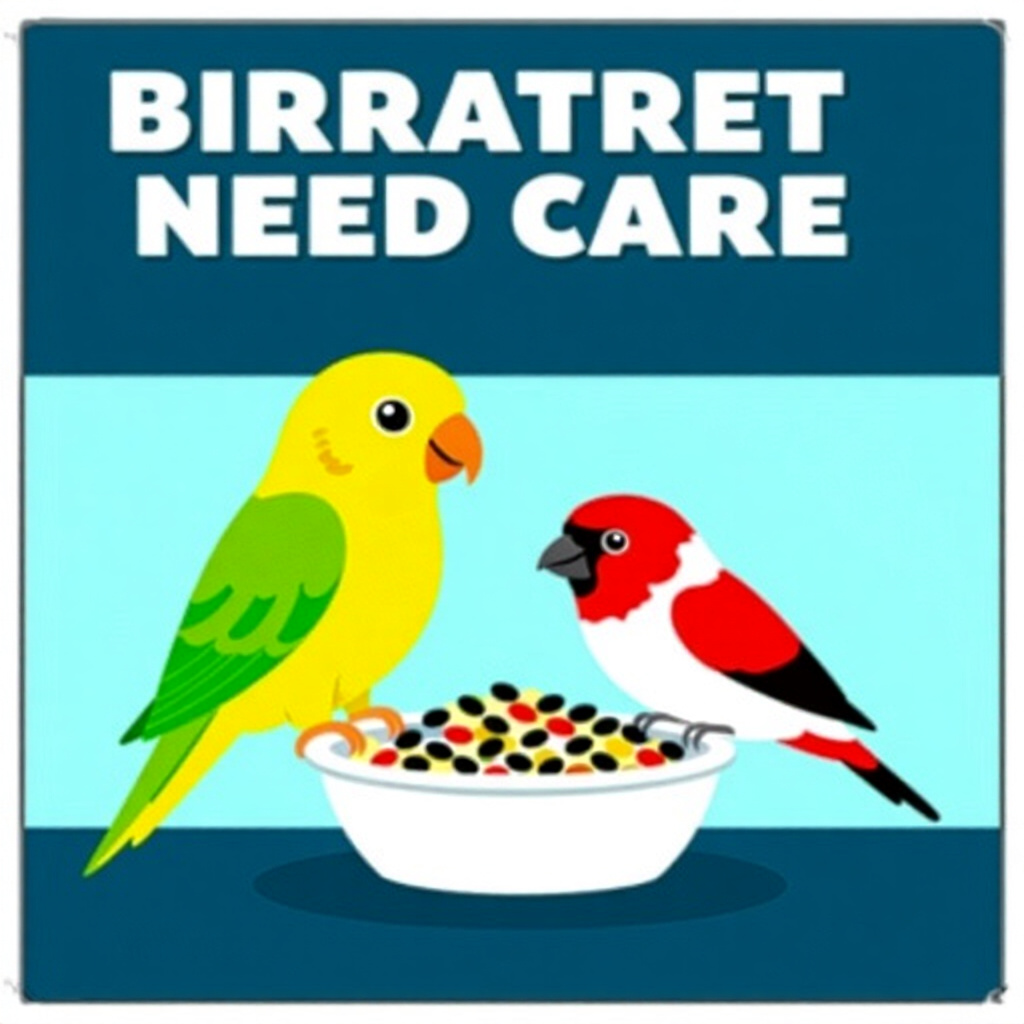 AI generated parrot: picture about bird care. picture style: comic introduction miniparrot needs finch lowcalorie seed mi
