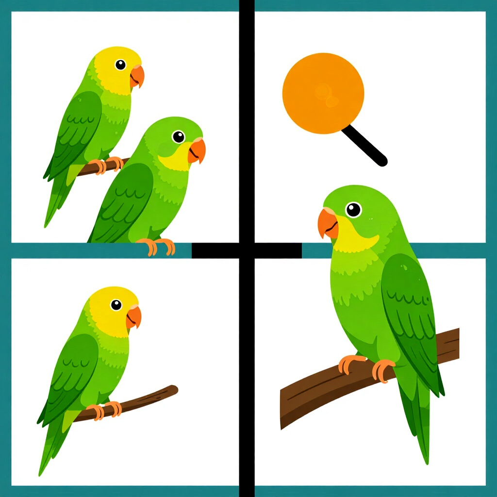 AI生成のインコ:鳥のケアに関する画像。画像スタイル:漫画 スペース制約 種 適切なパロレットの選択、ハイ
