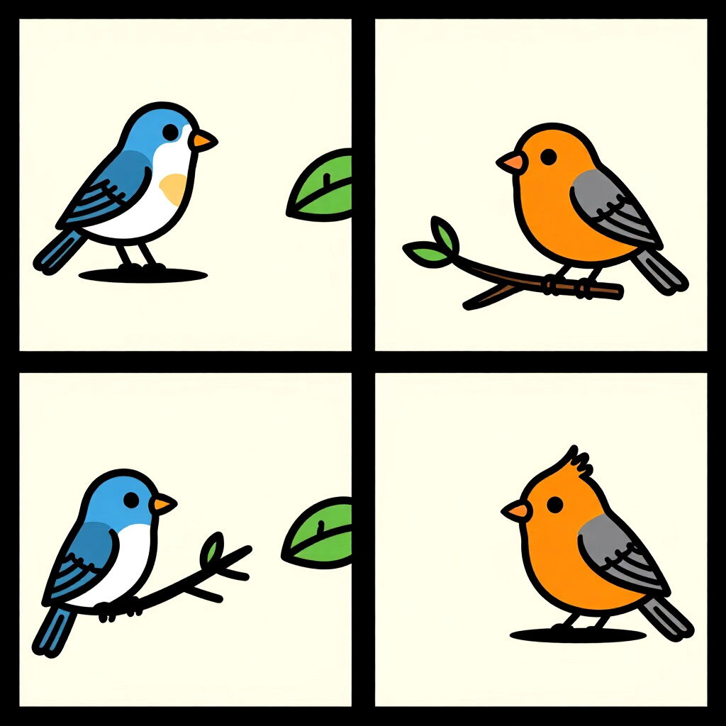 AI生成画像:鳥のケアに関する画像。画像スタイル:コミック風の導入、消極的で反応的なトラブルシューティング、高い解像度
