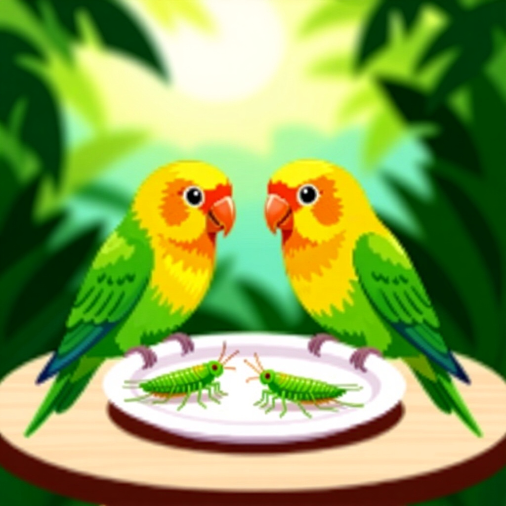 AI生成の鳥:鳥の世話に関する画像。画像スタイル:漫画風、テーブルにコオロギを置いてラブバードに給餌している様子、高品質