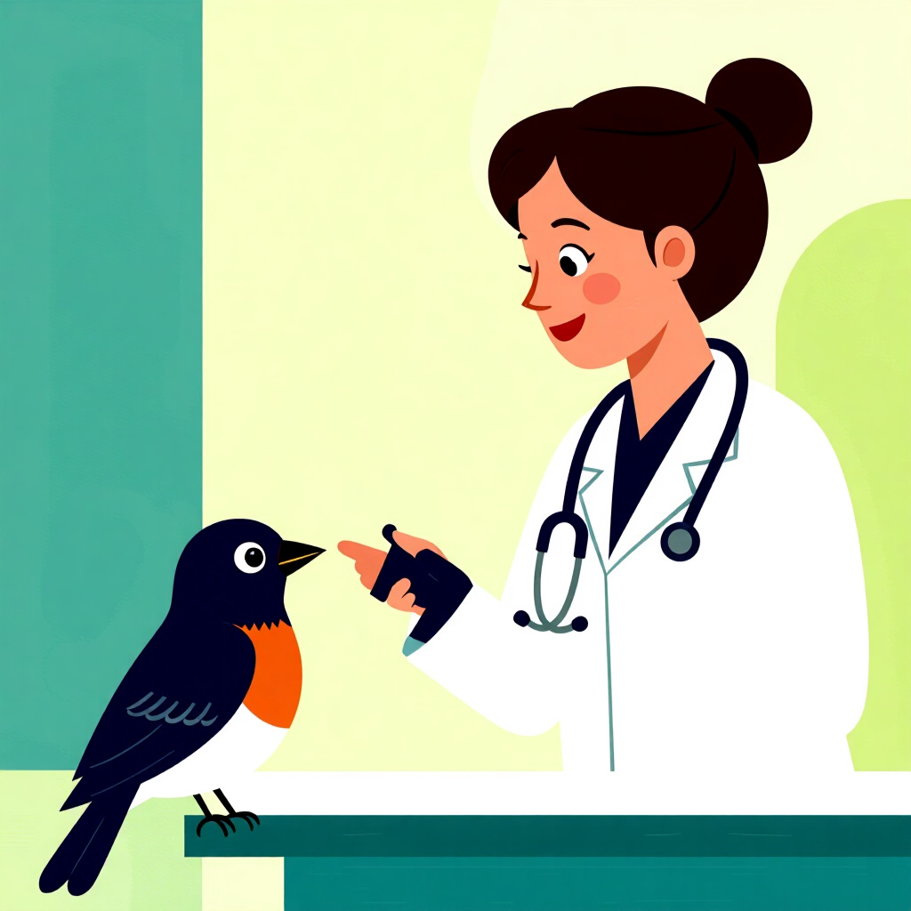 AI generated image: picture about bird care. picture style: comic call vet distinguishing s m, high quality, detailed