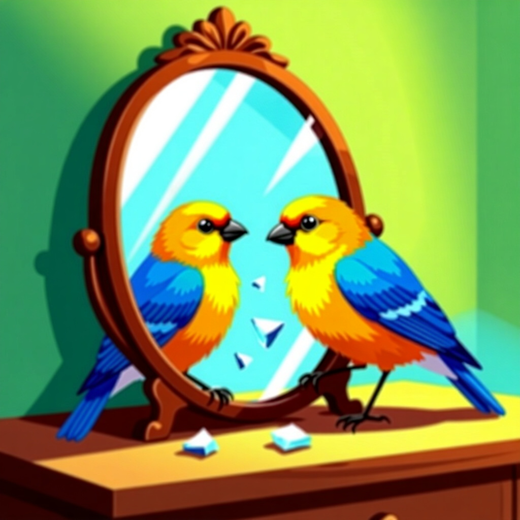 AI generated image: picture about bird care. picture style: comic breaking mirror obsession s m, high quality, detailed