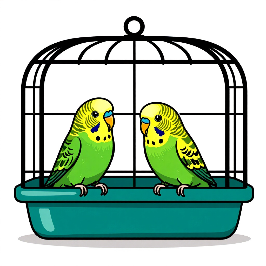 AI generated image: picture about bird care. picture style: comic match main cage introducing new budgerigar, high quali