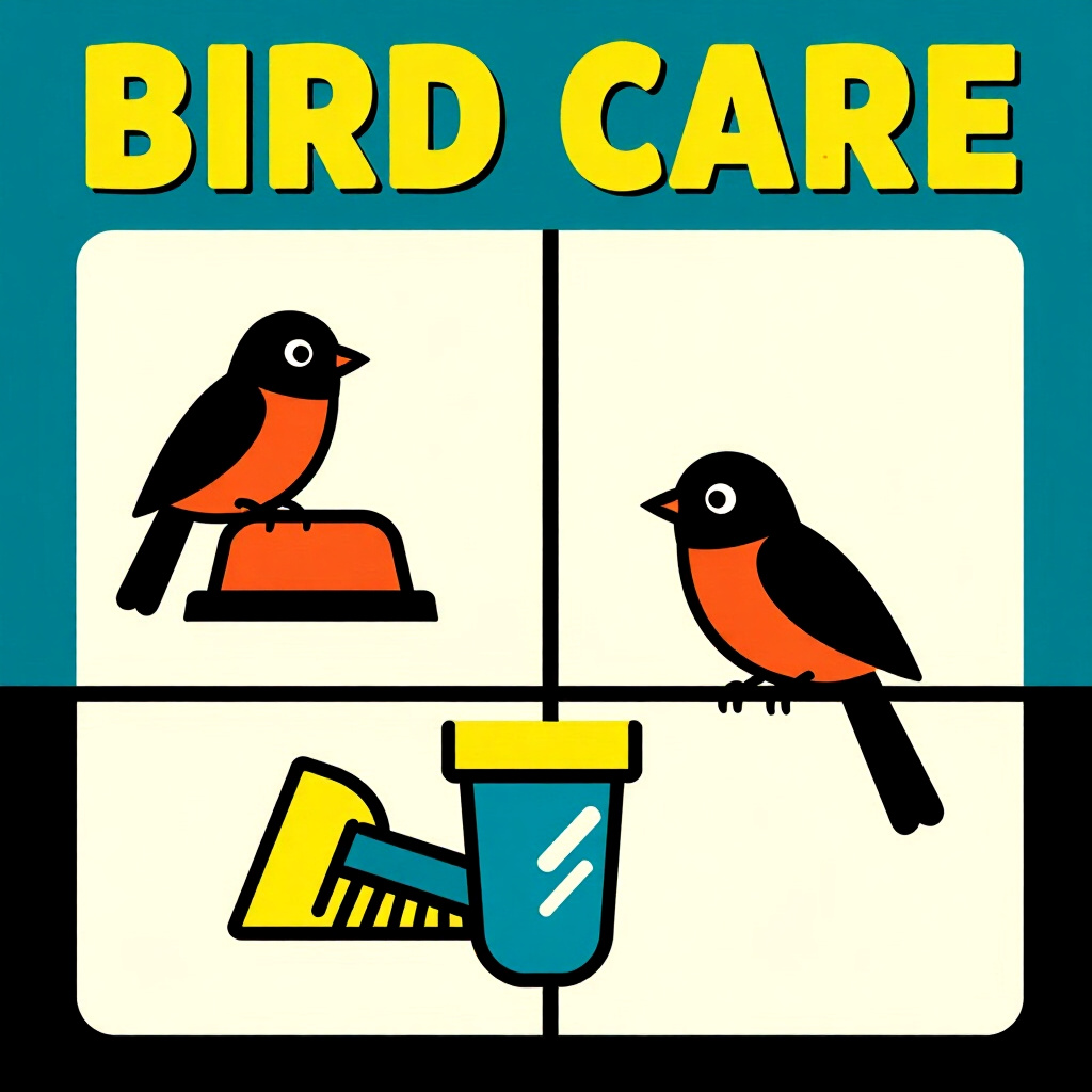 AI generated image: picture about bird care. picture style: comic introduction set daily spotcleaning, high quality, det
